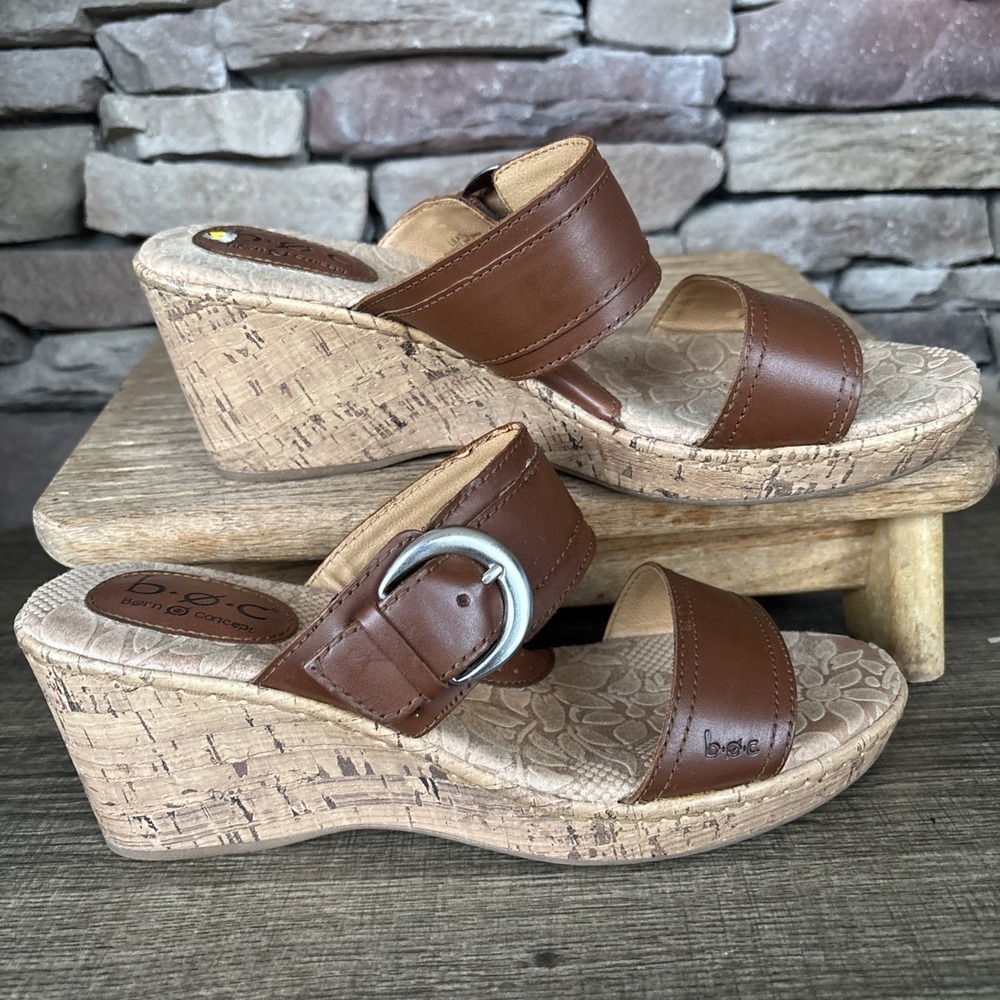 BOC Born Concepts 9M  Brown 2 Strap Leather / Cork Wedge Sandals Buckle Detail